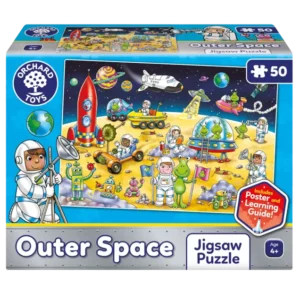 A 50-piece cosmic floor jigsaw puzzle Perfect for space fans! Includes giant poster and fun learning guide