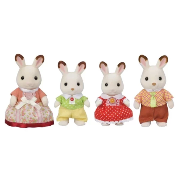 Sylvanian Families Chocolate Rabbit Family 4 Pack The figures' arms, legs and heads can be moved to put them in different poses. The clothing can be removed to change figures' outfits. The figures' arms, legs and heads can be moved to put them in different poses. The clothing can be removed to change figures' outfits.