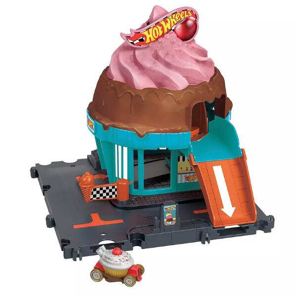 Hot Wheels City Downtown Ice Cream Swirl Vehicle Playset Get a giant scoop of awesome track play with the Hot Wheels City Downtown Ice Cream Swirl playset! The ice cream cone-shaped set features a kid-powered elevator that swirls cars up and through the ice cream and onto the fold-down ramp to more sweet adventures. It comes with 1 Hot Wheels vehicle and connects to other sets. Additional sets sold separately, subject to availability. Colours and decorations may vary.