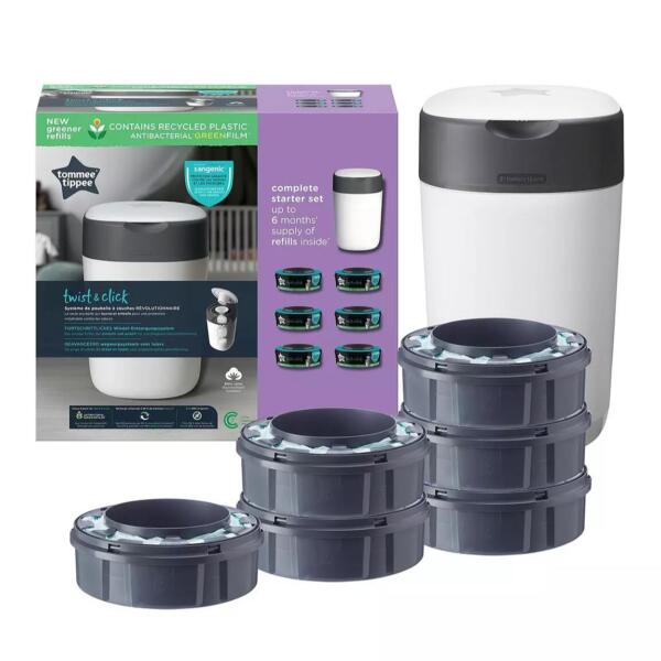 Tommee Tippee Twist & Click Nappy Disposal Bin & 6 Refills Set