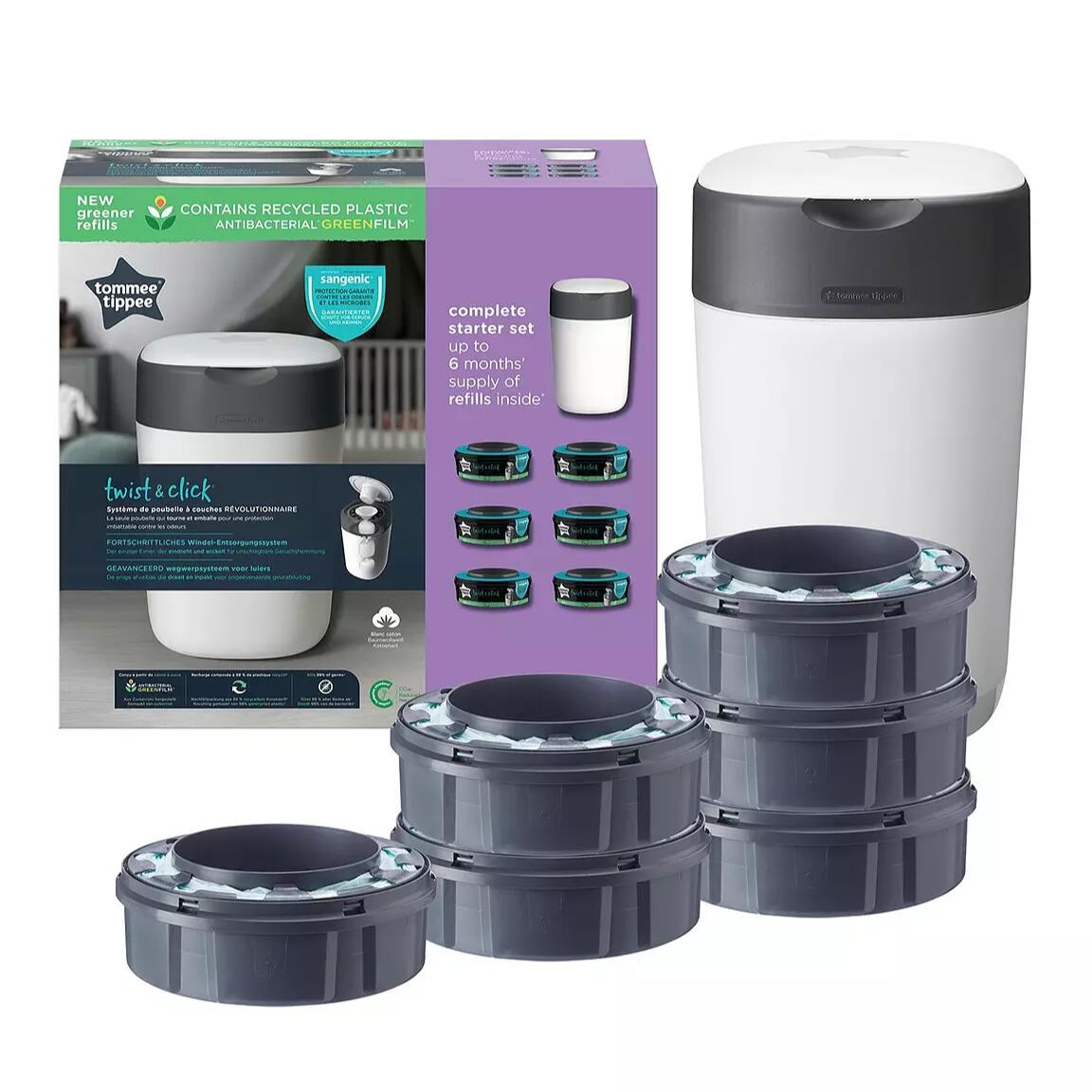 Tommee Tippee Twist & Click Nappy Disposal Bin & 6 Refills Set