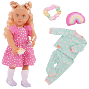 Our Generation Gillian Doll with Pink Dress & Rainbow Pajama Outfits