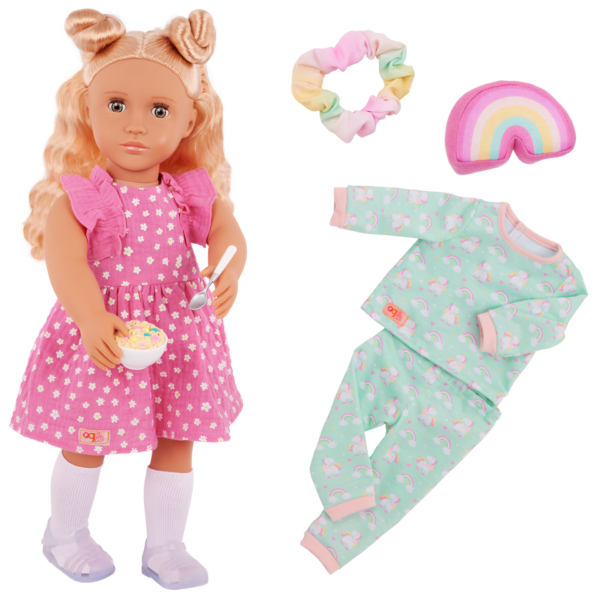 Our Generation Gillian Doll with Pink Dress & Rainbow Pajama Outfits